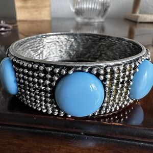 VTG Statement Bangle Bracelet Size 7.5 Blue Cabochon Chunky‎ 925 Sterling 70.3g